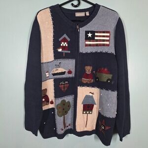 Croft & Barrow Women Americana Zip Cardigan Sweater Navy 1X Cabin Core - Grandma